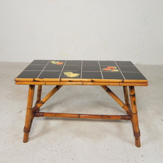 Image 1 of Rattan and bamboo coffee table with tiles, tile table, 1950s