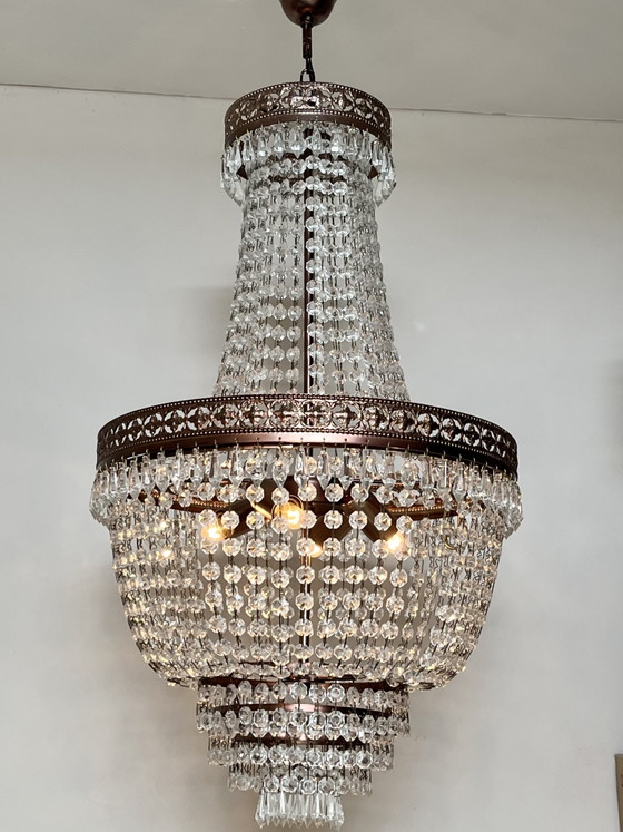 Image 1 of Vintage kristallen kroonluchter hanglamp met punt pegels Zakkroonluchter brons frame