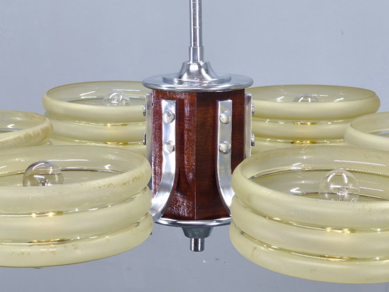Image 1 of Art Deco Chrome and Walnut Chandelier, Czechoslovakia, 1930s