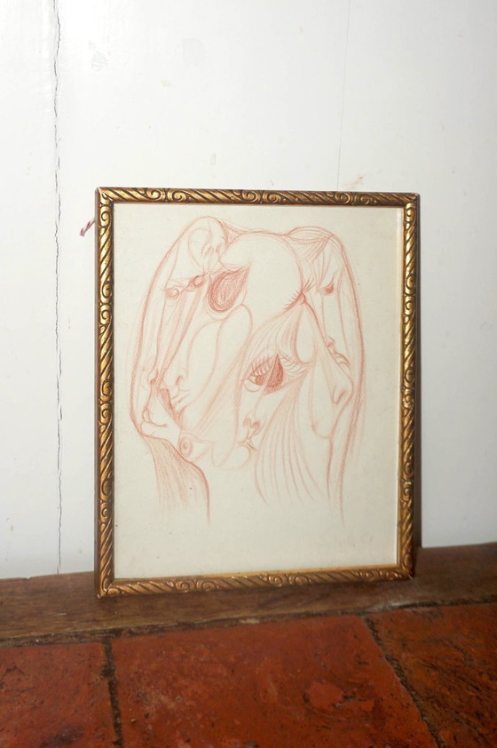 Image 1 of mid century surrealist drawing * psychedelic portrait sketch * framed modernist figure study * 1960s surreal art