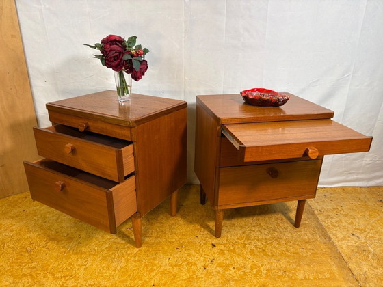 Image 1 of Pair of Vintage Stag Teak Bedside Cabinets – Mid-Century Modern (1960s–1970s)  A stunning pair of Mid-Century Modern teak bedsid