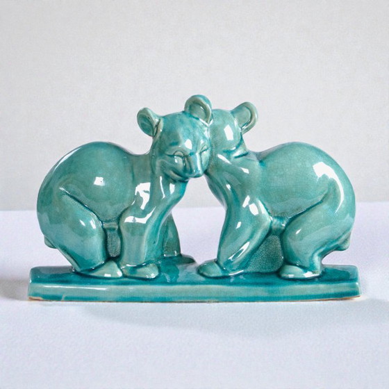 Image 1 of Art Deco Crackle-Glazed Ceramic Teddy Bear Statue Signed Lv Ceram