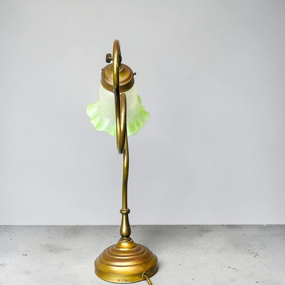 Art Nouveau Inspired Curved Brass Green Tulip Glass Table Lamp (photo 5 of 14)