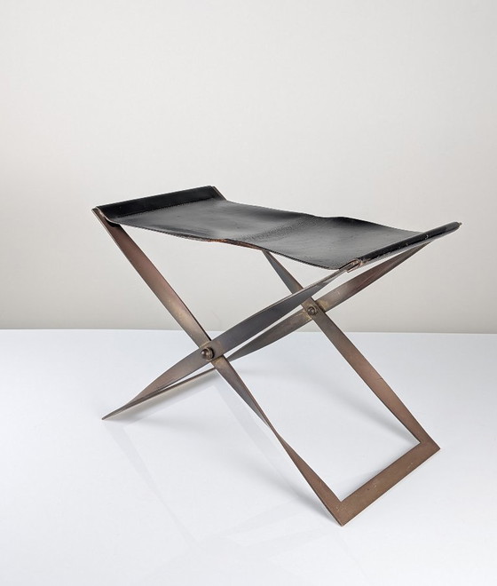 Image 1 of Folding Steel and Leather Stool, Denmark 1960s