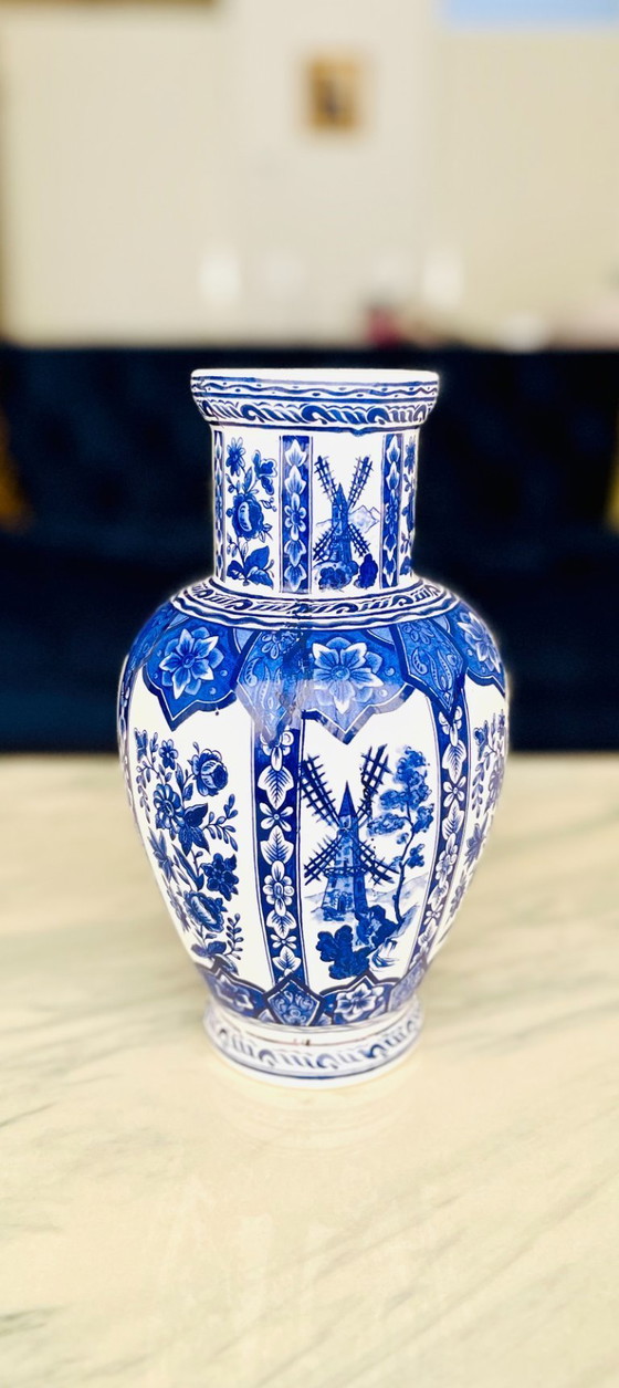 Image 1 of rare handmade Vintage Delft Blue VASE Hand Painted Holland Windmill Jeblo 1890–1930.