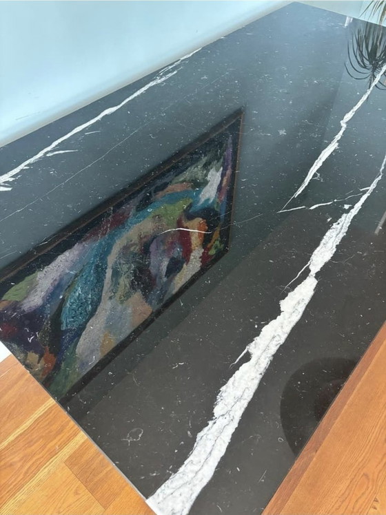 Image 1 of Table de salle à manger en marbre Nero Marquina, 160 x 90 cm, piètement en acier

