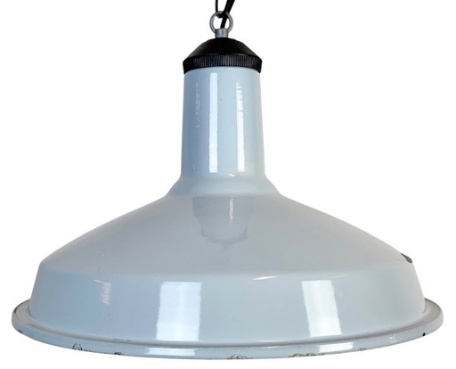 Lampada a sospensione industriale in smalto azzurro chiaro, anni '60