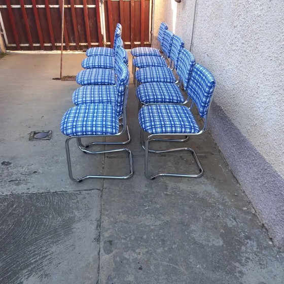 1 of 10 Stackable Vintage Chrome Cantilever Chairs with Blue Checkered Upholstery, 1970s (photo 2 of 4)