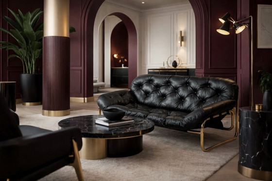 Image 1 of Vintage Mid-Century Scandinavian Modern Glamour Leather Black & Gold Sofa by John-Bertil Häggström for Swed-Form, 1970s