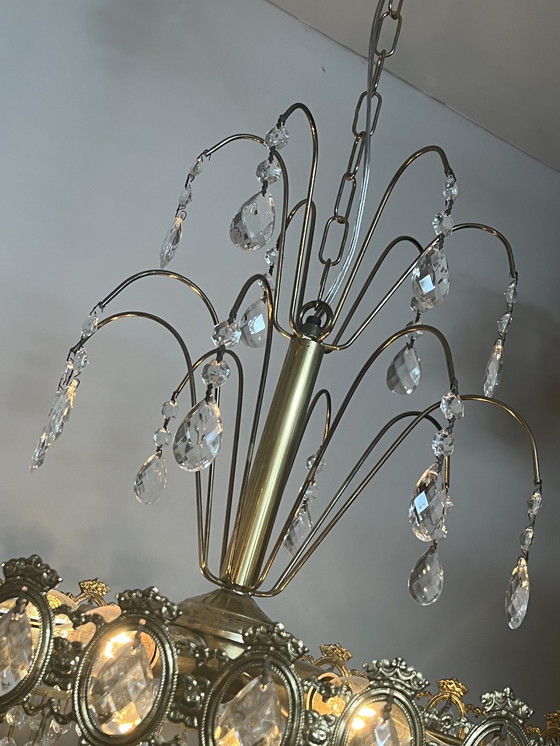 Image 1 of Xl vintage chandelier crystal pendants drops bronze frame