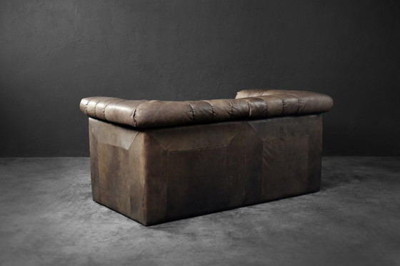 Image 1 of Vintage Mid-Century Modern German Brutalist 2-Seater Brown Leather Bed Sofa, 1970s