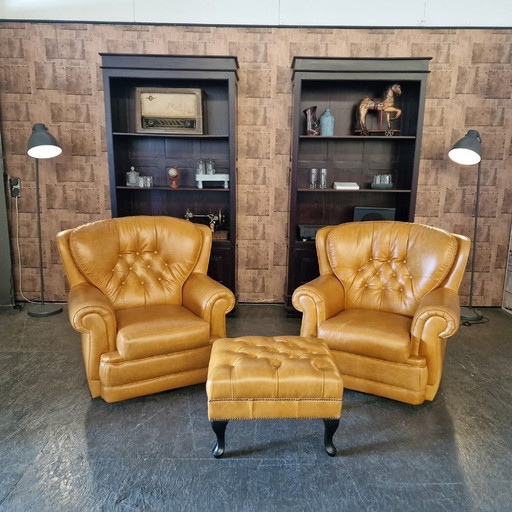 Chesterfield Haeck swivel armchairs + hocker set - Golden oak