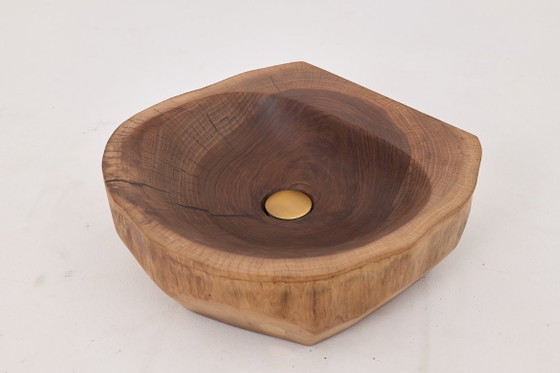 Image 1 of Lavabo de madera de nogal tallado a mano – Lavabo de baño escultural orgánico, Logniture