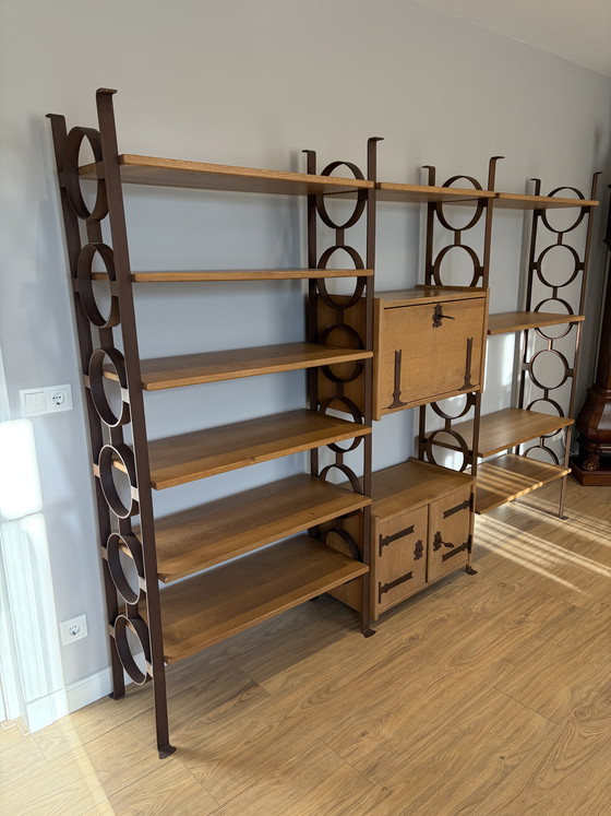Image 1 of Oak with steel uprights cheese cabinet brutalist bookcase