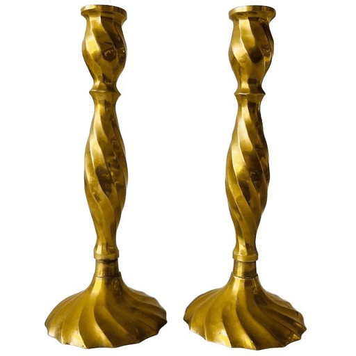 Set di candelieri di metà secolo in ottone tornito swirl 1950