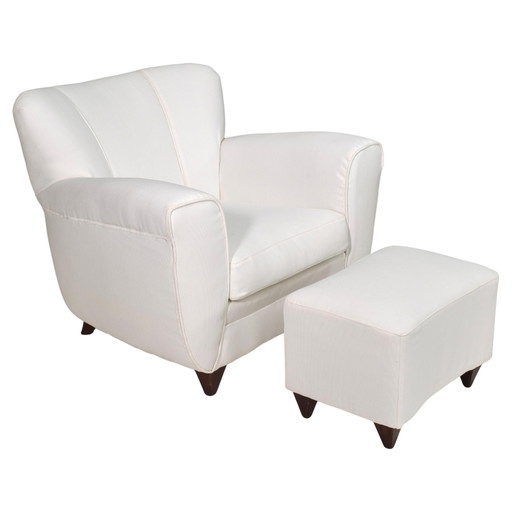 Poltrona lounge italiana con pouf in tessuto bianco crema – Italia, circa anni '40