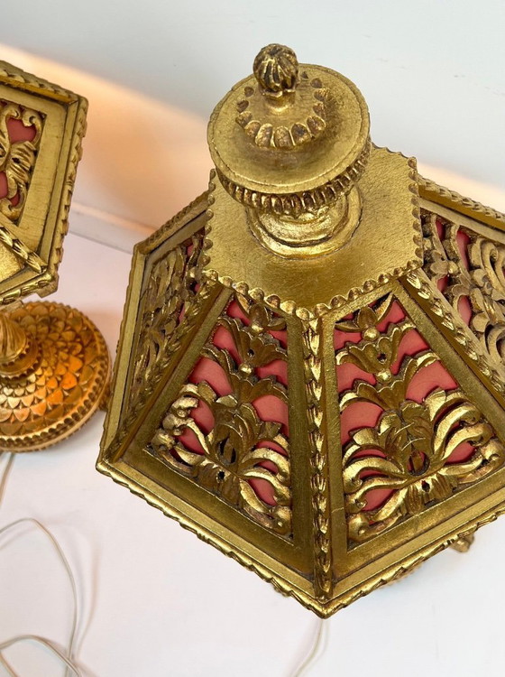 Image 1 of 2x Florentino italiano de madera dorada, lámparas de mesa de mediados de siglo, ¡monumental! ¡Dramáticas!