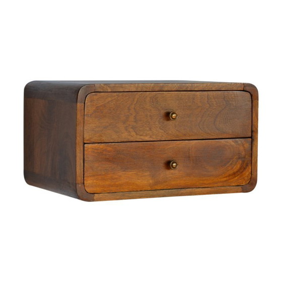Image 1 of Table de chevet suspendue en bois de manguier avec 2 tiroirs – Finition châtaigne