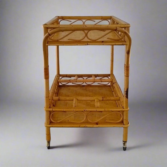 Image 1 of 1960s Exquisite Italian Bamboo & Rattan Bar Cart by Franco Albini - Mid Century Trolley