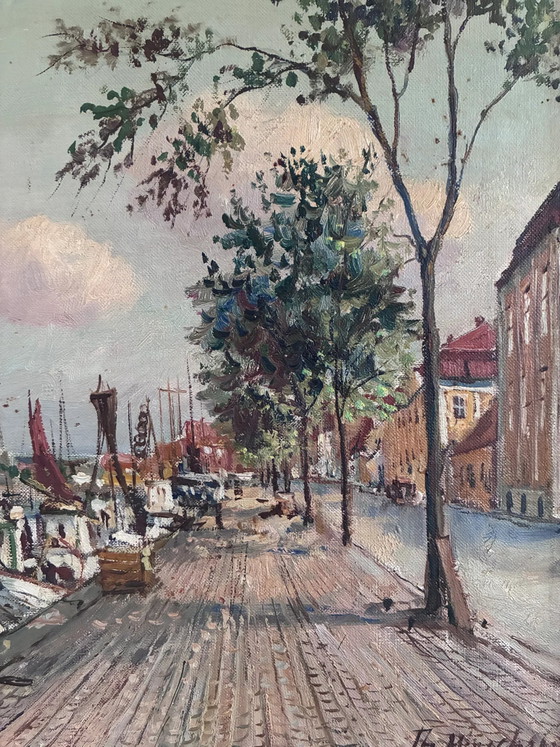 Image 1 of Pintura al óleo original de época que representa un puerto escandinavo.