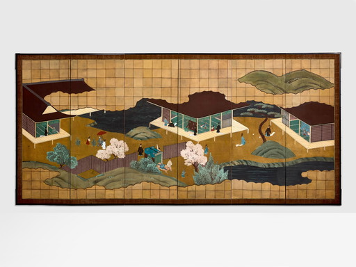 Sérigraphie japonaise Byobu à six panneaux sur papier Période Edo 19e siècle