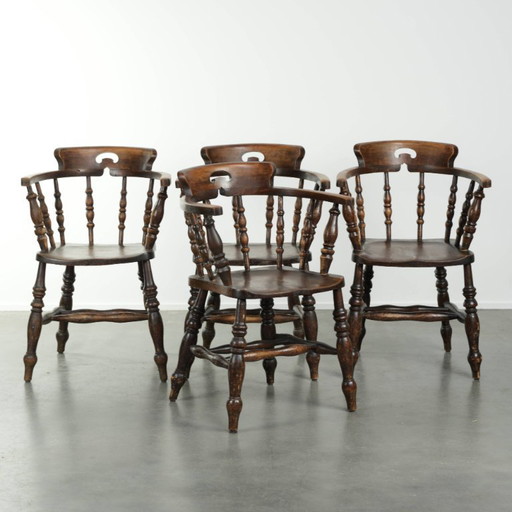 4 x Antique wooden English pub/captain chairs from the late 19th century with character