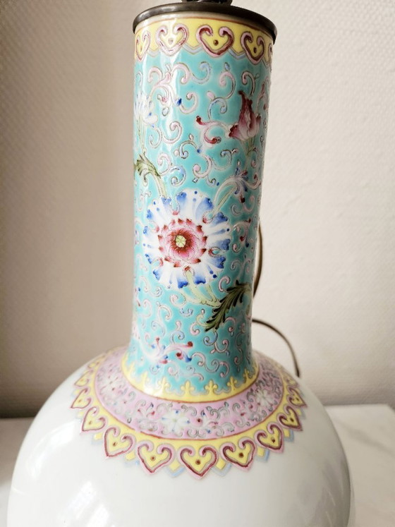 Image 1 of Large Chinese Porcelain Vase Lamp with Phoenix and Peony Decoration, Qianlong Style Calligraphy, H36cm, Excellent Condition