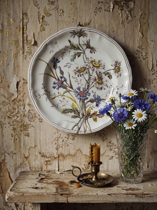 Antique Longchamp deep dish with polychrome ironstone daisies
