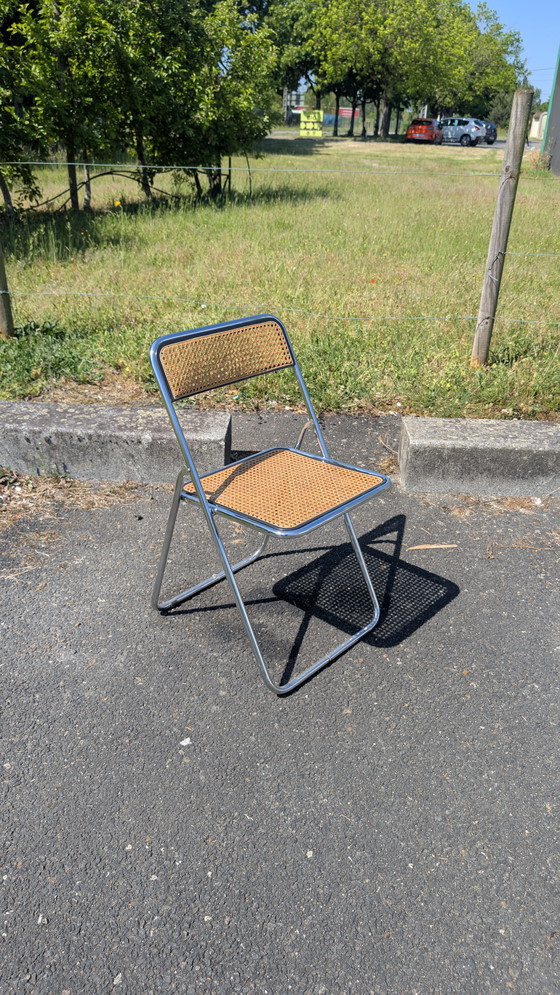 Image 1 of Chaise pliante cannée et acier chromé dans le goût de Castelli, Vintage