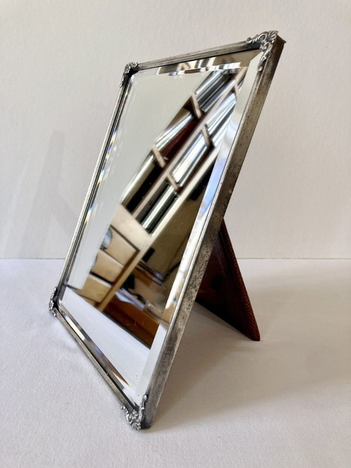Antique framed mirror, beveled glass and silver-plated metal frame, 1930s-1940s