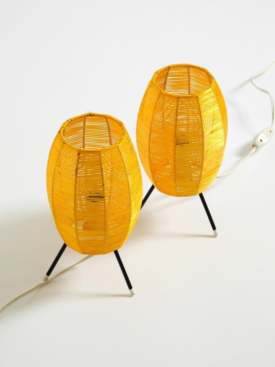 Image 1 of Two beautiful Mid Century modern tripod raffia table lamps