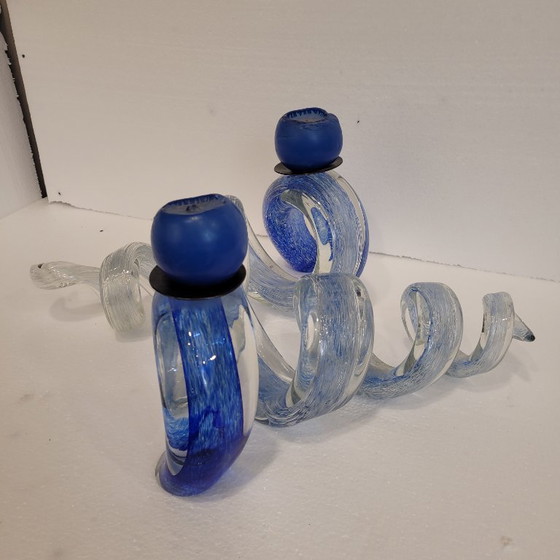 Image 1 of Pair of blue spiral candlesticks, glass, 80's - France