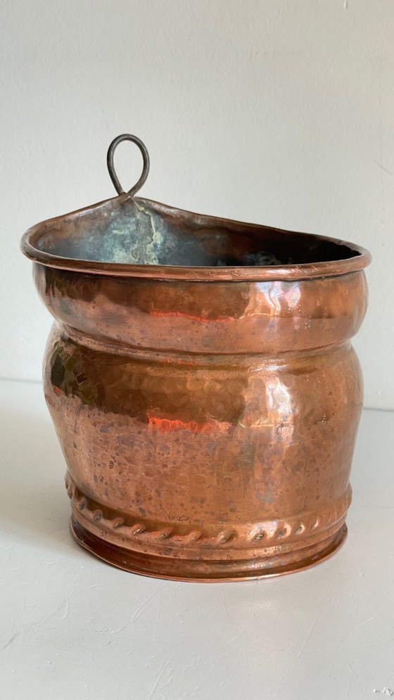 Image 1 of Hangende koperen en stalen plantenpot