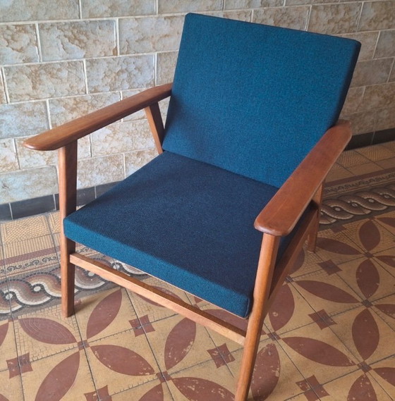 Image 1 of Danish Teak Lounge Chair with Sea Blue-Green Fabric, 1960s