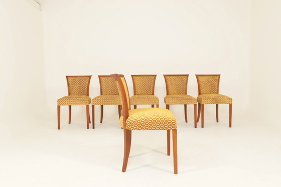 Image 1 of Eetkamerstoelen set van 6 art deco geometrische jacquard gouden honingraat