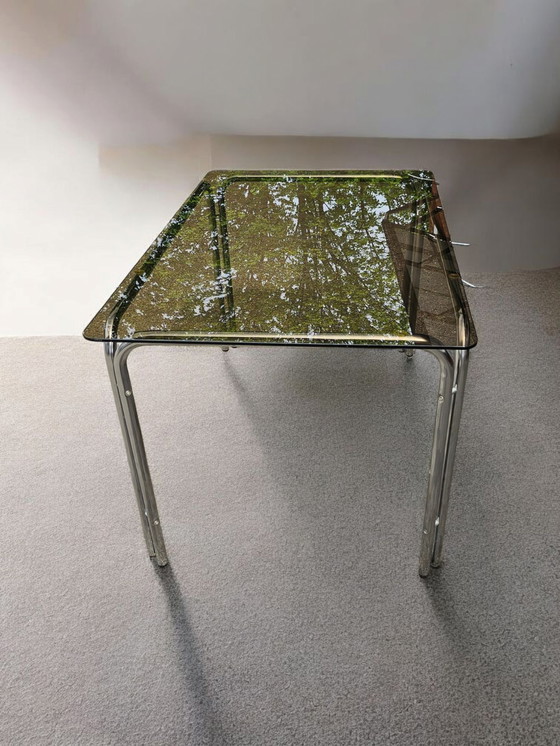Image 1 of Italian vintage chrome metal dining table smoked glass 1970s