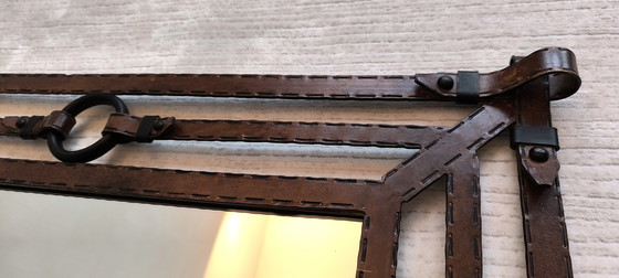 Image 1 of Iconic Large Mirror 1960's Design Jean-Pierre Ryckaert en Métal Façon Cuir Sellier à Surpiqures