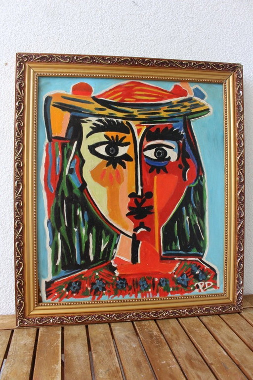 Portrait original à l'huile cubiste/abstrait vintage – Signé monogramme