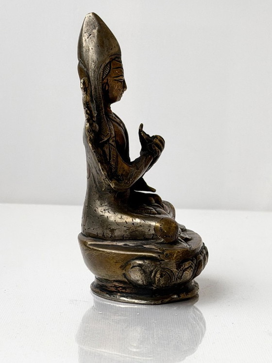 Tsongkhapa Silvered Statue Tibetan Buddhist Lama Engraved Vintage Nepal – Sculpture, Brass (photo 8 of 14)