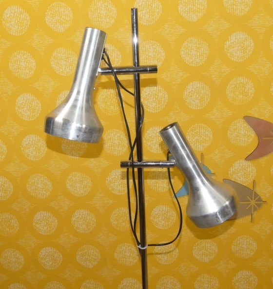Image 1 of 60s 70s vloerlamp SLZ Swisslamps International metallic zilver 2 lampen zwenkbare vloerlamp sputnik space age panton