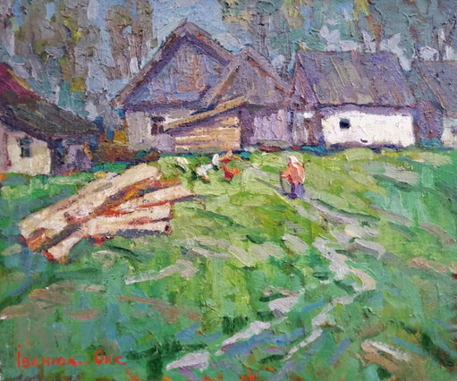 Original Ölgemälde Ländliche Landschaft Dorfleben Im Hof