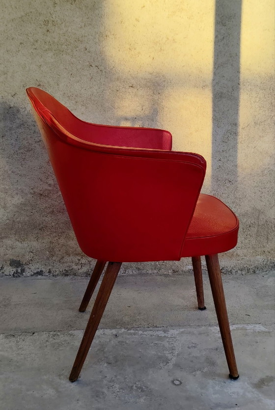 Red moleskin and wood cocktail armchair - 1960s, Side chairs (photo 4 of 8)