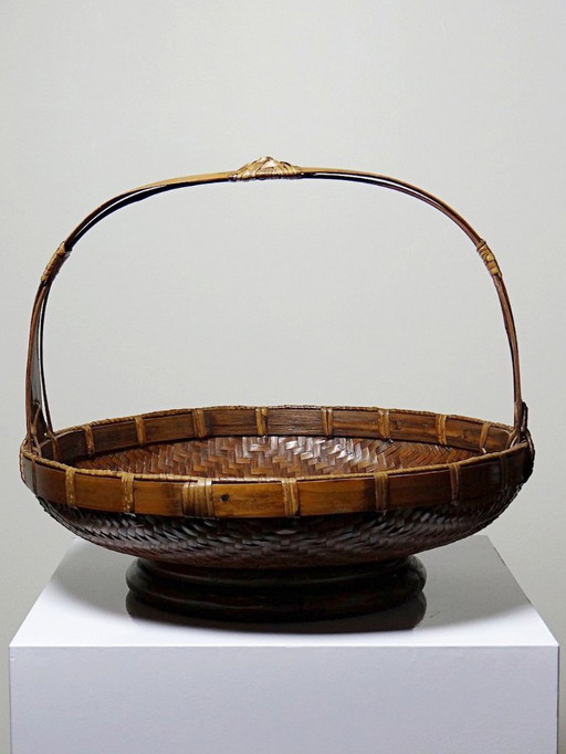 Large vintage Asian bamboo offering basket 1920-1950