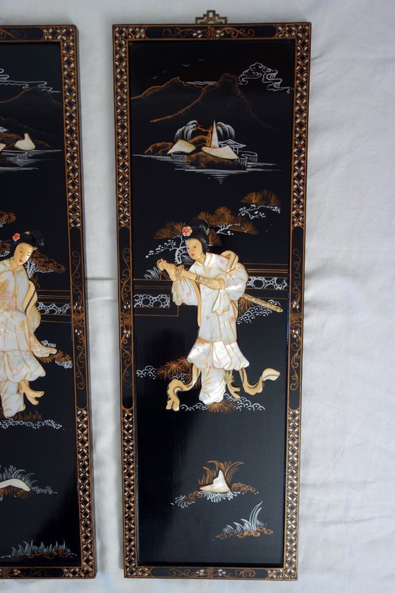Vier Chinese panelen van gelakt hout en parelmoer, China, jaren 1960 – Decoratieve objecten, Wood, Other (photo 9 of 17)