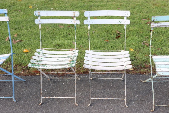 Image 1 of Set of 8 French Bistro Garden Folding Chairs in Iron and Wood Slats