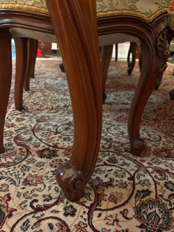 Vintage Italian Baroque Style Dining Table & 6 Cane-Back Chairs - Marquetry Inlay, Dining set, Rattan (photo 6 of 13)