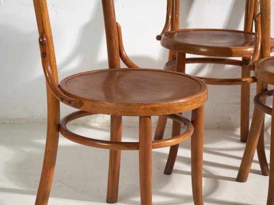 Ensemble ancien de 4 chaises de café viennoises en bois courbé avec dossier décoratif – Europe Centrale, c. (photo 14 of 40)