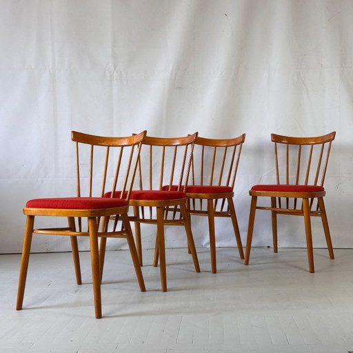 Set of 4 Tatra Nabytok Red Spindle-back Dining Chairs, 1960s