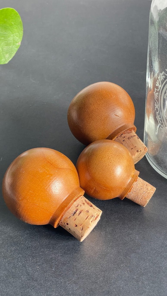 Image 1 of Vintage Engraved Glass and Wood Bottles