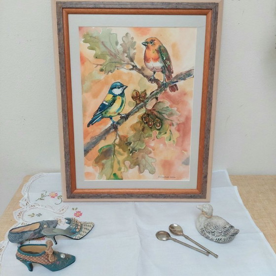 Image 1 of Acquerello originale raffigurante un pettirosso e una cinciallegra in cornice vintage.